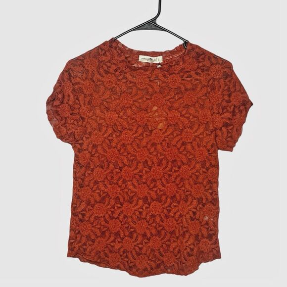 Natural Life NEW Rust Floral Lace Sheer Short Sleeve Top Stretchy Boho Size L - Picture 2 of 5